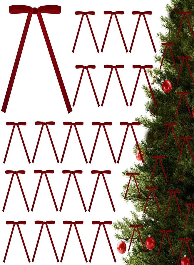 HEYTIMI 60 Pcs Burgundy Velvet Christmas Bow Ornaments, 5x7 Inch Pre-Tied Vintage Ribbon Bows for Christmas Tree Gift Wrapping Wreaths Garland Xmas Holiday Décor (3/8") - Image 1